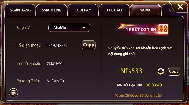 Nạp tiền vào cổng game bài Vin89 bằng ví điện tử Momo